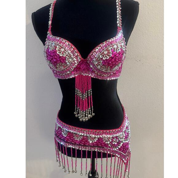Costume x Belly Dance Sequin, Beaded, Fringe Two Piece Set Size 36 Pink - Picture 1 of 14